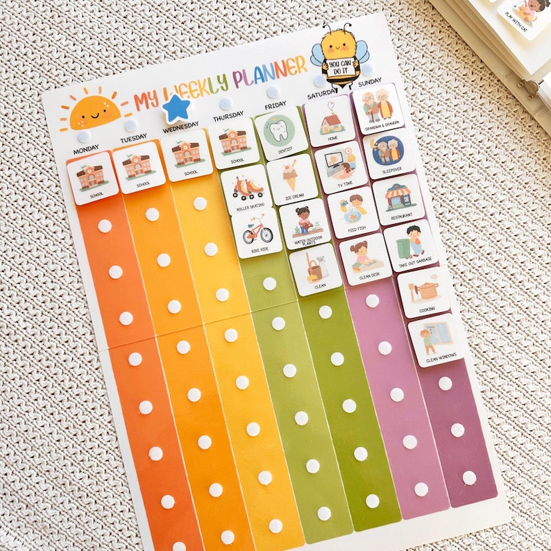 May include: A colorful weekly planner with the text "MY WEEKLY PLANNER" and a cartoon bee. The planner has a rainbow gradient design and includes illustrated activity cards for each day of the week.
