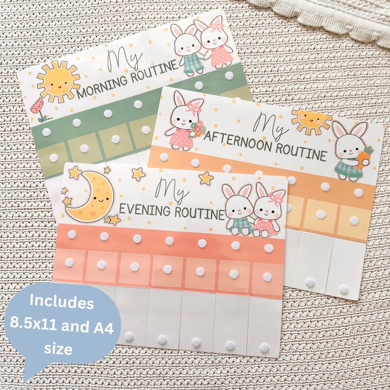 May include: Three colourful routine charts with the text "My Morning Routine", "My Afternoon Routine", and "My Evening Routine". Each chart features cartoon bunnies, suns, moons, and stars. The text "Includes 8.5x11 and A4 size" is also visible.