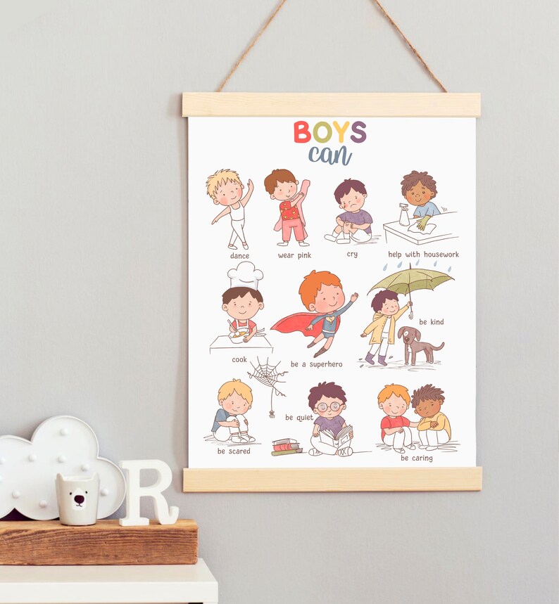May include: A colorful poster with the text "BOYS can" at the top. The poster features illustrations of boys doing various activities, including dancing, wearing pink, crying, helping with housework, cooking, being a superhero, being quiet, being scared, being kind, and being caring.