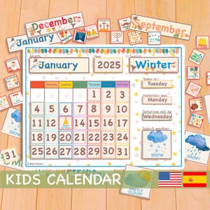 Calendario perpetuo blanco, calendario infantil imprimible, tablero para el aula, plan de estudios preescolar - materiales Montessori inglés español