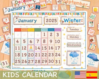 White Perpetual Calendar, Kids Calendar Printable Classroom Calendar Board, Preschool Curriculum - Montessori materials English Spanish