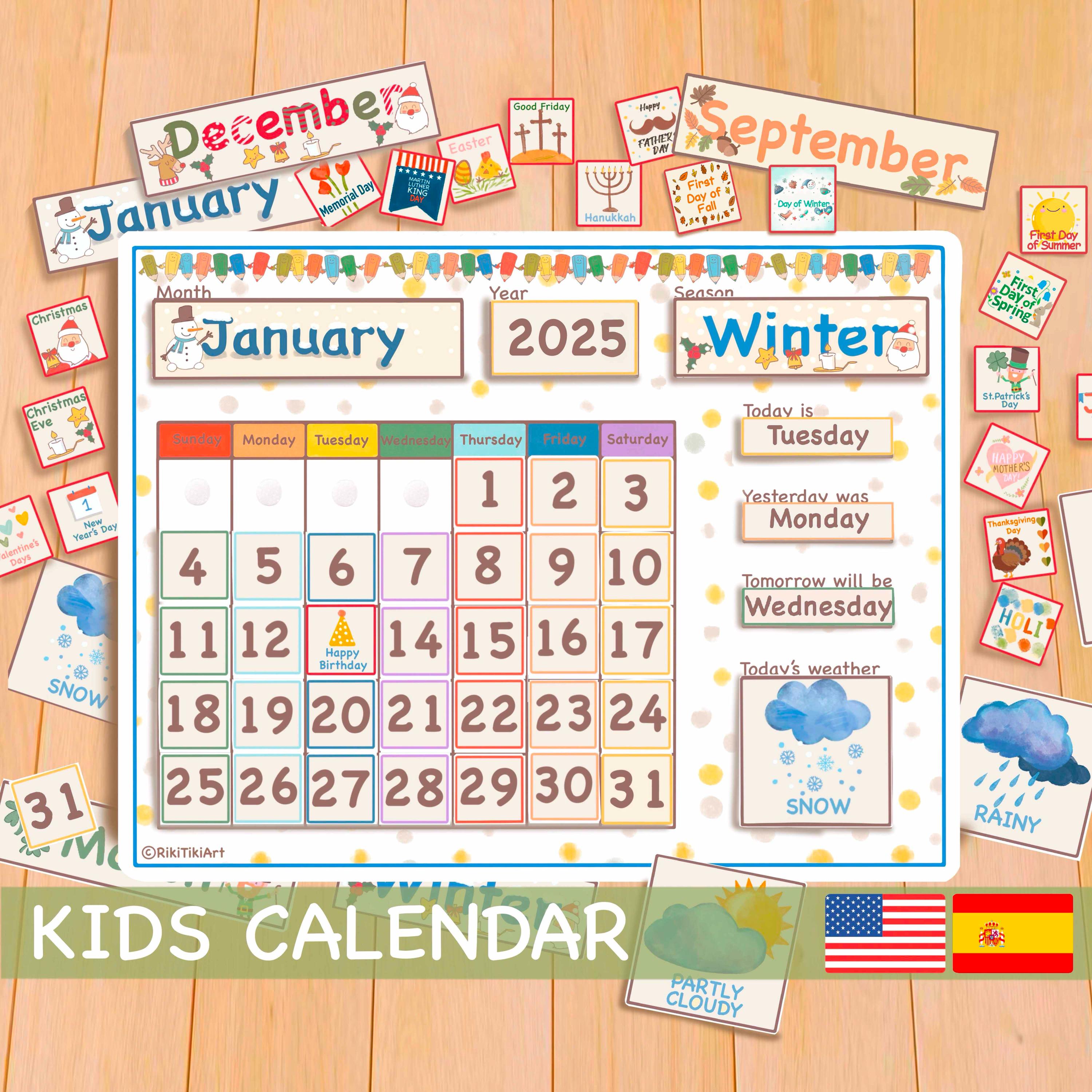 White Perpetual Calendar, Kids Calendar Printable Classroom Calendar Board, Preschool Curriculum - Montessori materials English Spanish