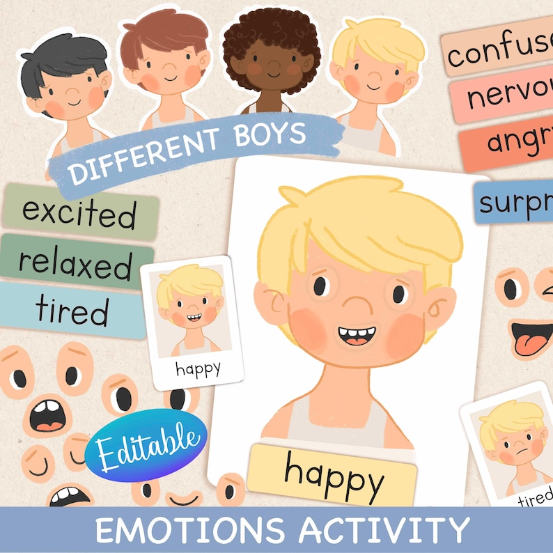 Editable Feelings Chart Emotions Activity for Kids Boys Version ...