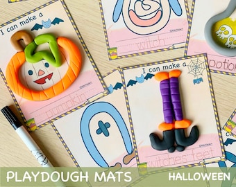 May include: A set of six Halloween-themed playdough mats with colorful illustrations and prompts for kids to create different characters and objects. The mats include prompts like "I can make a pumpkin" and "I can make a witch's feet".