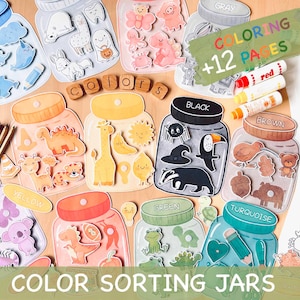 Actividades de clasificación de colores para niños pequeños, juego de combinación de colores en frascos para jardín de infantes y preescolar, actividades de páginas para colorear, material Montessori imprimible