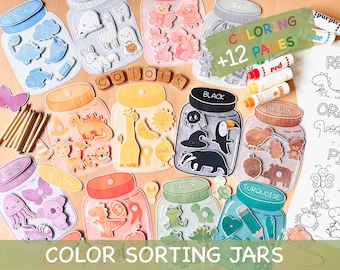 Color Sorting Toddler Activities, Color Matching in Jars Game for Kindergarten Pre-K, Coloring Pages Activity, Montessori Printable