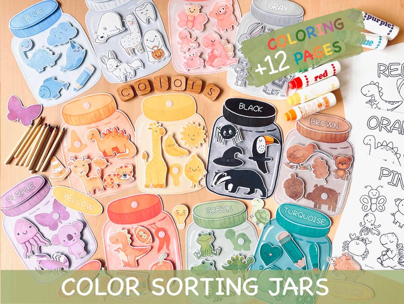 Farbsortierung Kleinkindaktivitäten, Farbabstimmung in Gläsern Spiel für Kindergarten Pre-K, Malseiten Aktivität, Montessori Printable Bild 1