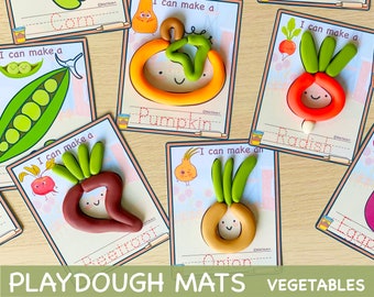Tappetini con pasta da gioco con verdure Tappetini da gioco stampabili Doh Abilità motorie complesse Attività prescolari Risorse Montessori per bambini Apprendimento scolastico a casa