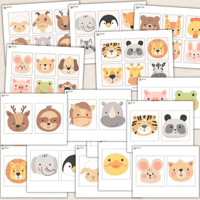 May include: A collection of illustrated animal face cards, featuring a variety of creatures like a sheep, goat, deer, and penguin. Each card has a white background and a simple, cartoon-like design, perfect for educational purposes.