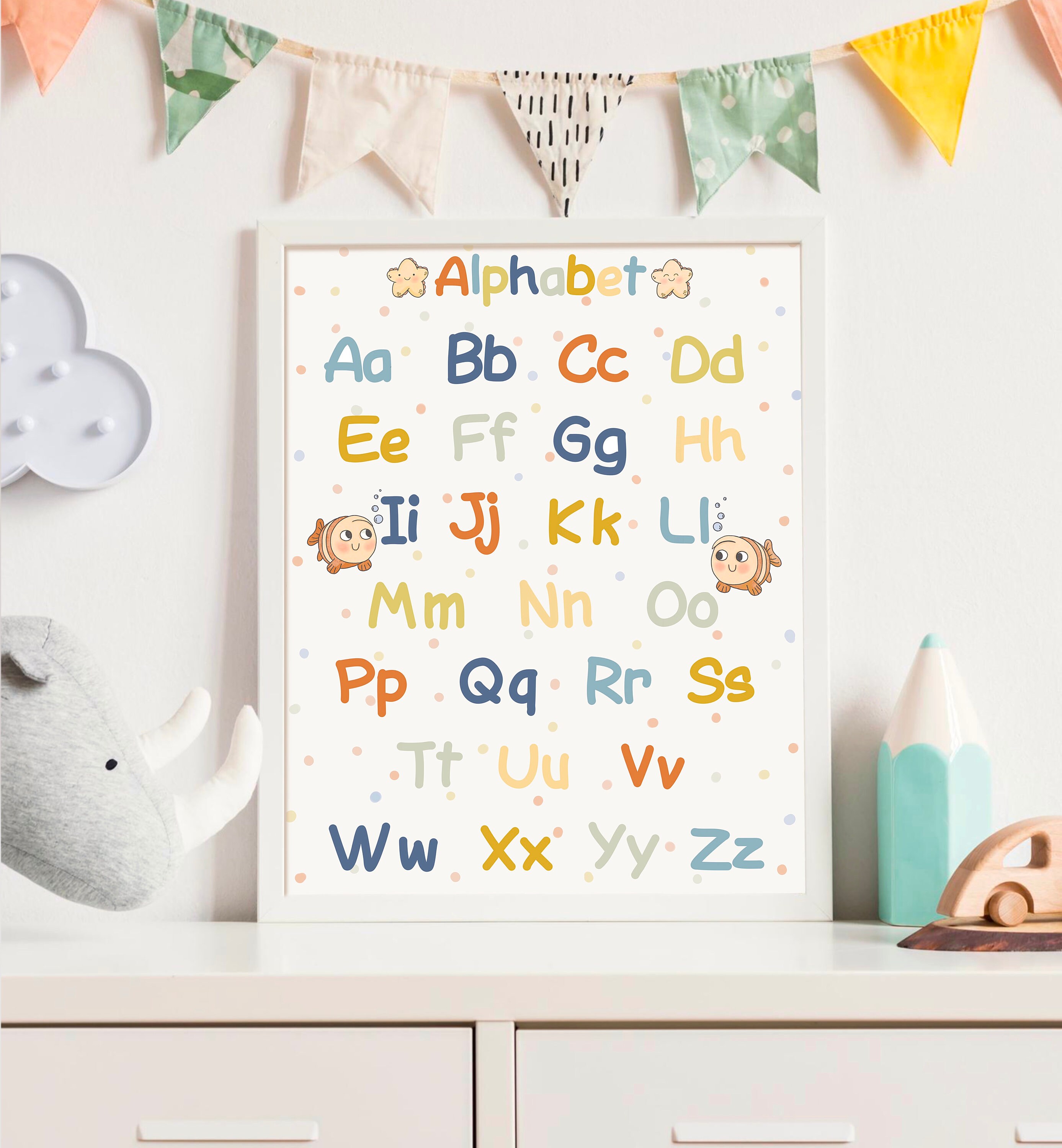 DOI-LANEE Set Di 3 Poster Educativi Oceano Per Bambini – Cornice In Legno Con Tema Marino – Alfabeto Montessori, Animali Marini E Arte