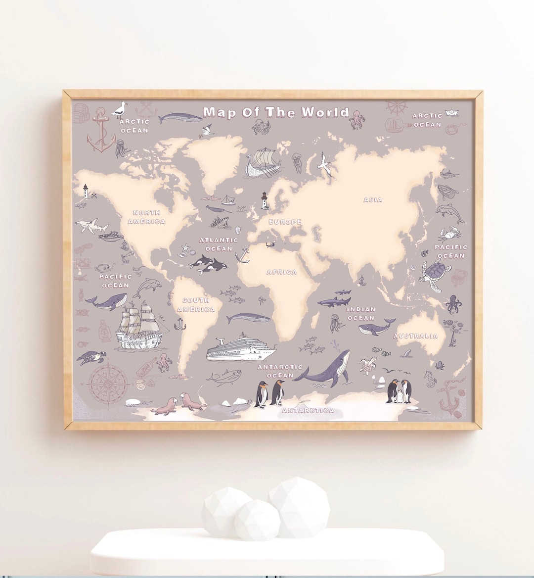 Animal World Map Playroom Kids World Map Poster Printable Educational ...