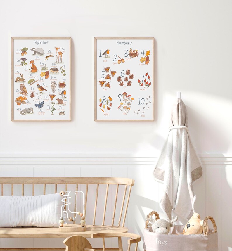 Set of 2 Prints Woodland Alphabet Poster Woodland Numbers Poster Fall ...