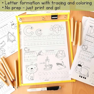 Peut inclure: Feuilles d'activit&eacute;s &eacute;ducatives pour le tra&ccedil;age et la coloration des lettres. Les feuilles pr&eacute;sentent des lettres majuscules et minuscules, ainsi que des illustrations d'objets comme une vache, une voiture et un chat. Le texte sur l'image dit "Formation des lettres avec tra&ccedil;age et coloriage. Sans pr&eacute;paration - il suffit d'imprimer et d'y aller !"