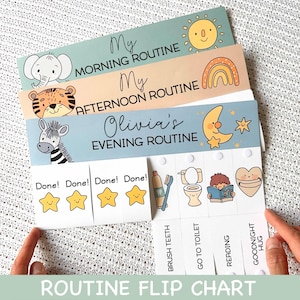 May include: A children's routine flip chart with three sections: morning, afternoon, and evening. Each section has a cute animal illustration. The bottom section has tasks like brushing teeth and reading, with star reward icons.