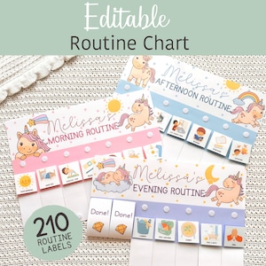 May include: Three colorful routine charts with unicorn illustrations. The charts are labeled "Morning Routine", "Afternoon Routine", and "Evening Routine". Each chart has a series of icons and the name "Melissa's" printed on them. The image also includes 210 routine labels.