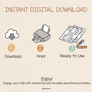 Puede incluir: Una infograf&iacute;a titulada INSTANT DIGITAL DOWNLOAD que muestra tres pasos: 1. Download con un icono de nube, 2. Print con un icono de impresora, y 3. Ready to Use con dos p&aacute;ginas para colorear y dos l&aacute;pices. El texto inferior dice Enjoy! Engage your child with interactive and reusable educational activities. &copy;RikiTikiArt.