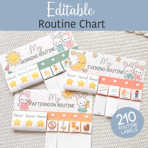 May include: A set of editable routine charts featuring cartoon bunnies, suns, and moons. The charts are labelled "Morning Routine", "Evening Routine", and "Afternoon Routine". Includes 210 routine labels.