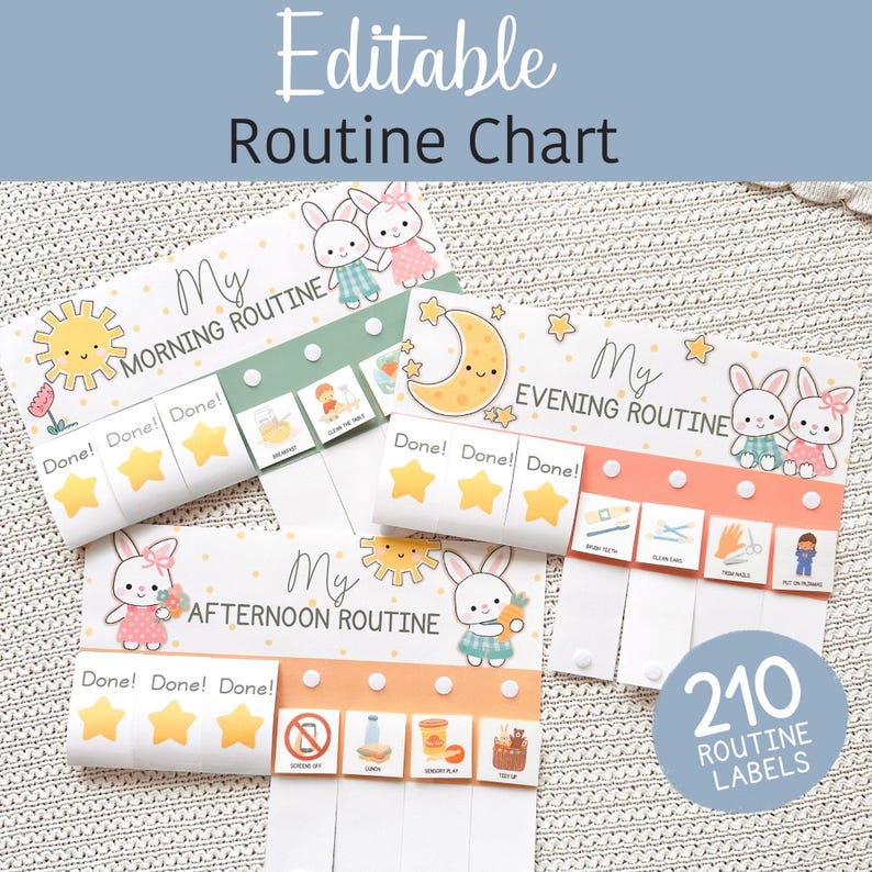 May include: A set of editable routine charts featuring cartoon bunnies, suns, and moons. The charts are labelled "Morning Routine", "Evening Routine", and "Afternoon Routine". Includes 210 routine labels.