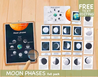 Moon Phases Full Pack, Homeschool Montessori Materials, Astronomy Educational Prints