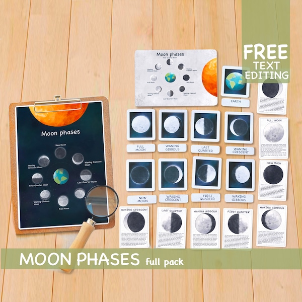 Moon Phases Full Pack, Homeschool Montessori Materials, Astronomy Educational Prints