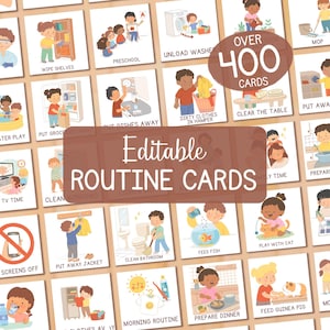Può includere: Una raccolta di schede di routine illustrate con varie attività quotidiane. Le schede presentano immagini colorate di bambini che svolgono compiti come pulire, giocare e preparare i pasti. Il testo sulle schede include "Pulisci gli scaffali", "Scuola materna" e "Dai da mangiare ai pesci". L'immagine mostra anche il testo "Schede di routine modificabili" e "Oltre 400 schede".