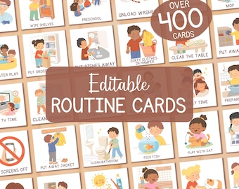 May include: A collection of illustrated routine cards with various daily activities. The cards feature colorful images of children performing tasks like cleaning, playing, and preparing meals. Text on the cards includes "Wipe Shelves," "Preschool," and "Feed Fish." The image also displays the text "Editable Routine Cards" and "Over 400 Cards."