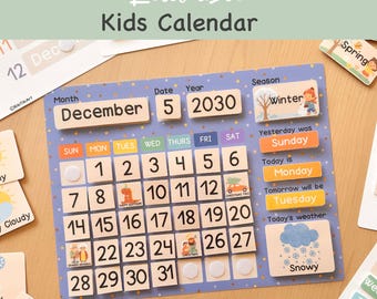 Afdrukbare wandkalender - bewerkbaar wanddecoratie voor kinderen, eeuwigdurende kalender voor peuters jongens, homeschool Morning Board Circle Time