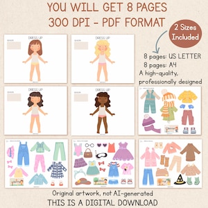 May include: Digital download of a paper doll set with various outfits for different seasons. The set includes paper dolls and clothing for spring, summer, fall, and winter. The text on the image says "Dress Up" and "This is a digital download."