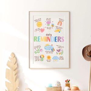 May include: A colorful printable poster with daily reminders for kids. The poster features illustrations of a sun, a flower, a rainbow, a butterfly, and a cloud. The text on the poster includes phrases like "Today will be a good day", "You are so loved", "Keep shining Superstar", and "Amazing things are coming".