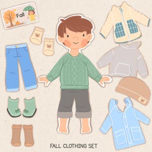 May include: An illustrated fall clothing set for children. Includes a green cable knit sweater, gray pants, blue jeans, a light blue raincoat, a beige jacket, a gray hoodie, a brown beanie, socks, and boots. The set is labeled "Fall Clothing Set".