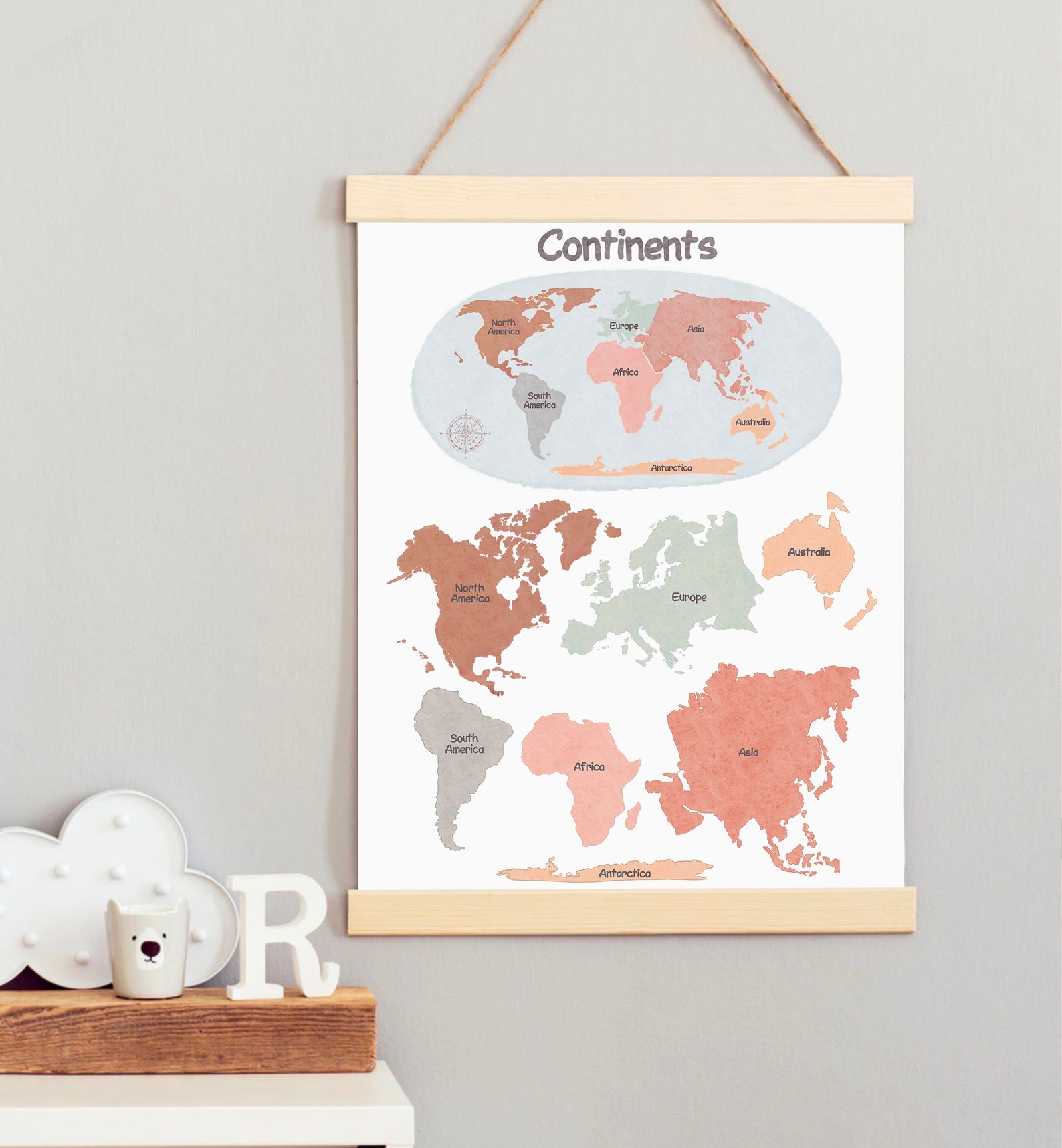 Kids World Map Printable Continents Educational Poster Pastel - Etsy