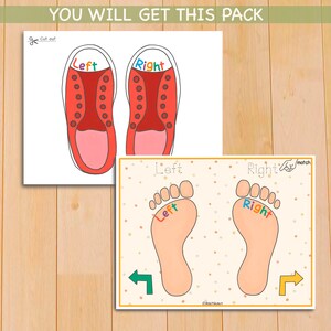 May include: Printable activity for kids to learn left and right. The printable features a pair of red shoes with the words "Left" and "Right" on them, and two outlines of feet with the words "Left" and "Right" on them.