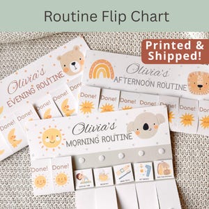 May include: Personalised routine flip charts, each labelled "Olivia's" with "Evening", "Afternoon", and "Morning Routine" headings. The charts feature animal illustrations and task icons, designed to help children with daily tasks.