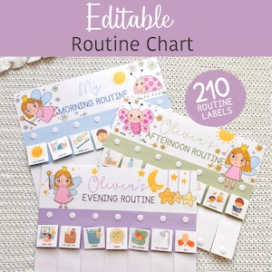 Peut inclure: Un "Tableau de routine modifiable" avec des sections pour les routines du matin, de l'après-midi et du soir. Le tableau présente des illustrations, dont des fées, des soleils et des étoiles, ainsi que 210 étiquettes de routine. Le texte "Editable Routine Chart" est en haut.