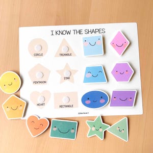Pu&ograve; includere: Un giocattolo educativo in legno bianco con la scritta "I KNOW THE SHAPES". Il giocattolo presenta vari ritagli di forme colorate e sorridenti, tra cui cerchi, triangoli e stelle. Le forme sono progettate per essere posizionate sulla lavagna, promuovendo il riconoscimento delle forme.