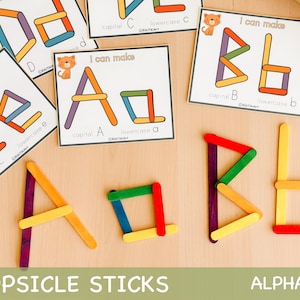 Atividade de palitos de picolé do alfabeto, jogo de habilidades motoras finas para crianças pequenas, atividades para impressão em casa, materiais para impressão ABC para pré-escola para crianças