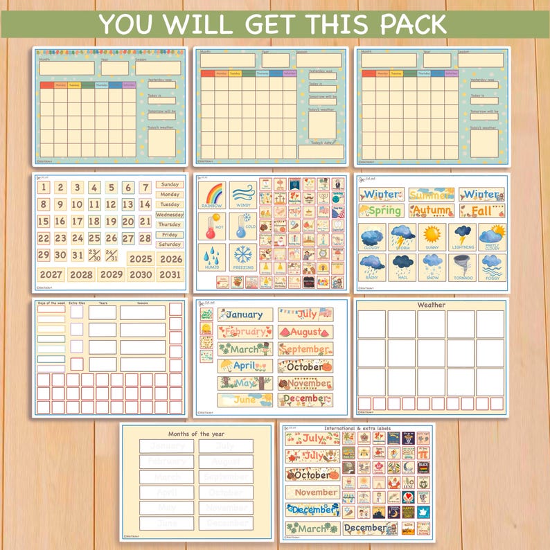 May include: A set of printable calendar and chart templates for classroom or home use. The templates feature a colorful design with a rainbow, clouds, and a variety of other illustrations. The set includes a calendar, a weather chart, a chart for the days of the week, a chart for the months of the year, and a chart for the seasons.