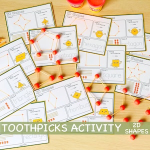 Tandenstokers en speeldeeg 2D-vormen Visuele kaarten Peuteractiviteit Voorschoolse printables Homeschool Leren Montessori Printbare bronnen