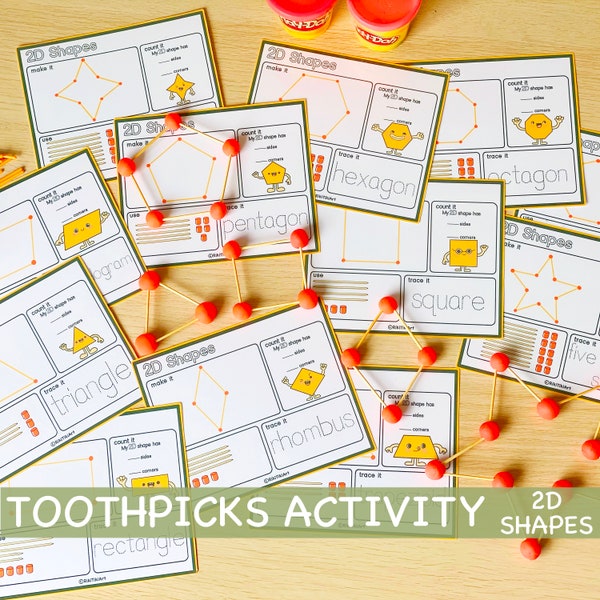 Palillos de dientes y plastilina Formas 2D Tarjetas visuales Actividad para niños pequeños Imprimibles para preescolar Aprendizaje en casa Recursos imprimibles Montessori