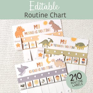 May include: Three printable routine charts featuring dinosaur illustrations for morning, afternoon, and evening. Each chart has a section for labels and the text "Editable Routine Chart". Includes 210 routine labels.