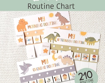 May include: A set of three printable routine charts with dinosaur illustrations for morning, afternoon, and evening. Each chart has a section for labels and the text "Editable Routine Chart". Includes 210 routine labels.