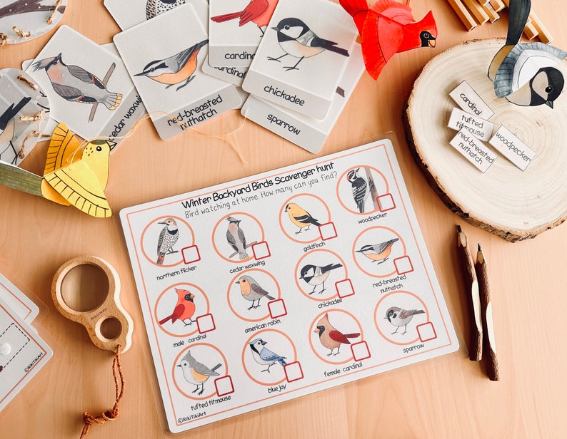 May include: A printable winter backyard bird scavenger hunt game with a checklist of 10 common birds, including the northern flicker, cedar waxwing, goldfinch, male cardinal, American robin, chickadee, red-breasted nuthatch, tufted titmouse, blue jay, and female cardinal.