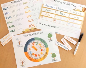 Årets månader utskrivbart årstidshjul, cirkulärt displaydiagram Undervisning i månader och årstider, Montessorikalender för småbarn hemskola