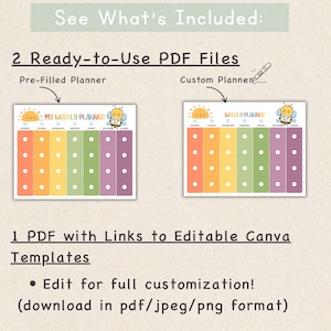 May include: Two colorful weekly planner PDFs with a rainbow color scheme and bee and sun graphics. The text reads "My Weekly Planner" and "Weekly Planner". The image also includes text that says "See What's Included" and "Edit for full customization!"