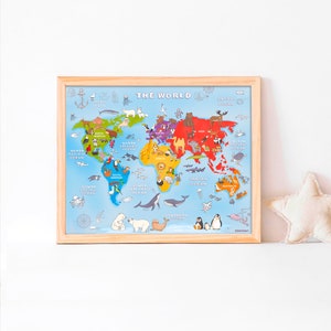 May include: A colorful world map with animals from different continents. The map is on a light blue background with the words "THE WORLD" at the top. The map includes the names of the oceans and continents.