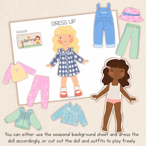 May include: A paper doll dress-up set with two dolls and various outfits. The outfits include a blue denim overall, a pink hat, green pants, a pink and yellow shirt, pink polka dot pants, a blue jacket, and a green hoodie. The set includes the text "Dress Up" and "Spring".