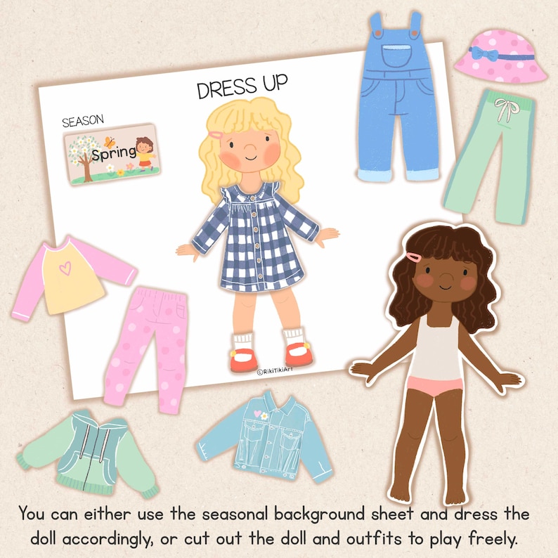 May include: A paper doll dress-up set with two dolls and various outfits. The outfits include a blue denim overall, a pink hat, green pants, a pink and yellow shirt, pink polka dot pants, a blue jacket, and a green hoodie. The set includes the text "Dress Up" and "Spring".