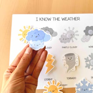May include: A white board with weather-themed stickers, including a smiling sun, a blue cloud, and a yellow lightning bolt. The text "I KNOW THE WEATHER" is at the top. A hand holds a cloud sticker.