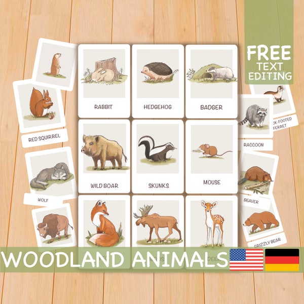 Woodland animals flash cards, Printable Montessori materials, Homeschool toddler flashcards English German
