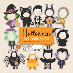 May include: A collection of 16 digital Halloween-themed character illustrations with empty face cutouts for photo insertion. Characters include a witch, black cat, skeleton, zombie, Frankenstein, mummy, ghost, grim reaper, spider, candy corn, bat, and vampire.